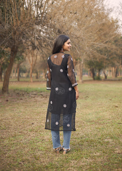 Georgette Chikankari Straight Kurti With Real Pasted Mirror Work & Matching Cotton Inner