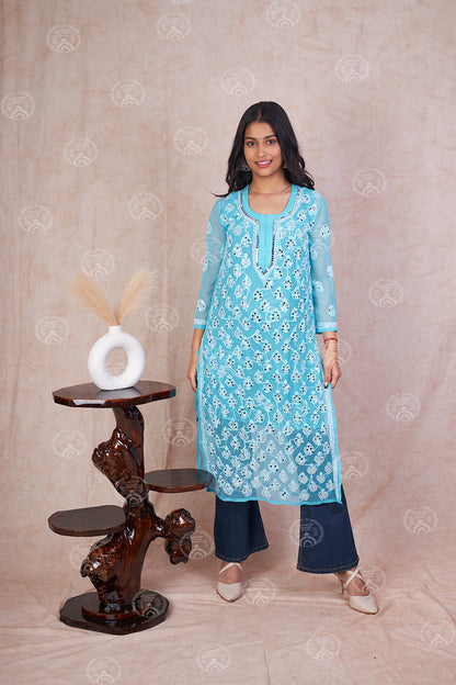 Georgette Chikankari Straight Kurti With Real Pasted Mirror Work & Matching Cotton Inner