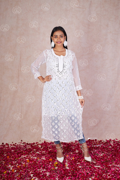 Georgette Chikankari Straight Kurti With Real Pasted Mirror Work & Matching Cotton Inner