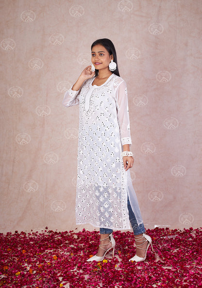 Georgette Chikankari Straight Kurti With Real Pasted Mirror Work & Matching Cotton Inner