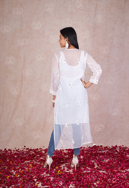 Georgette Chikankari Straight Kurti With Real Pasted Mirror Work & Matching Cotton Inner