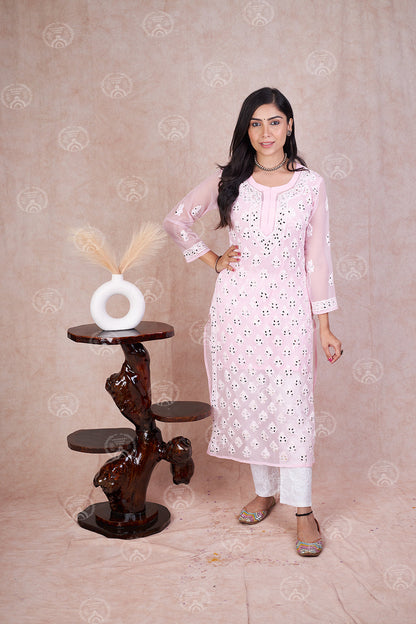Georgette Chikankari Straight Kurti With Real Pasted Mirror Work & Matching Cotton Inner