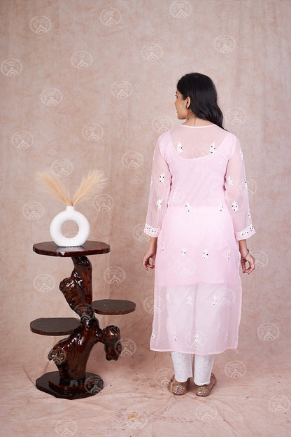 Georgette Chikankari Straight Kurti With Real Pasted Mirror Work & Matching Cotton Inner