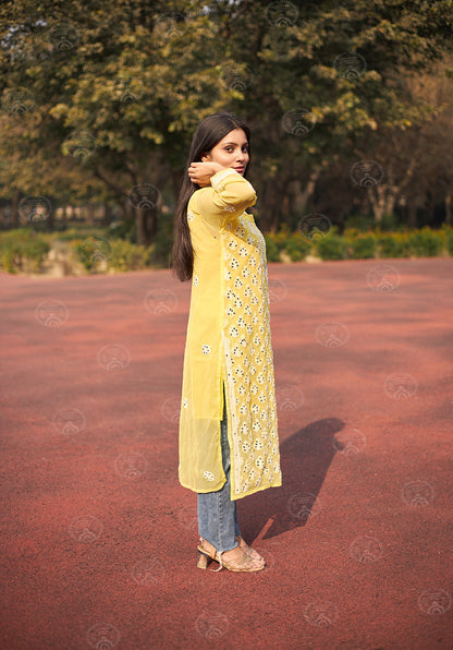 Georgette Chikankari Straight Kurti With Real Pasted Mirror Work & Matching Cotton Inner