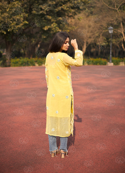 Georgette Chikankari Straight Kurti With Real Pasted Mirror Work & Matching Cotton Inner