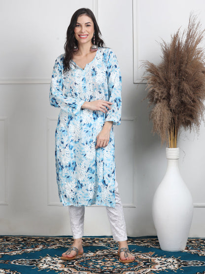 Women's White Base Pure Mulmul Floral Print Lucknowi Chikankari Straight Long Kurti