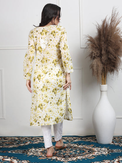 Women's White Base Pure Mulmul Floral Print Lucknowi Chikankari Straight Long Kurti