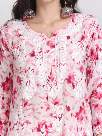 Women's White Base Pure Mulmul Floral Print Lucknowi Chikankari Straight Long Kurti