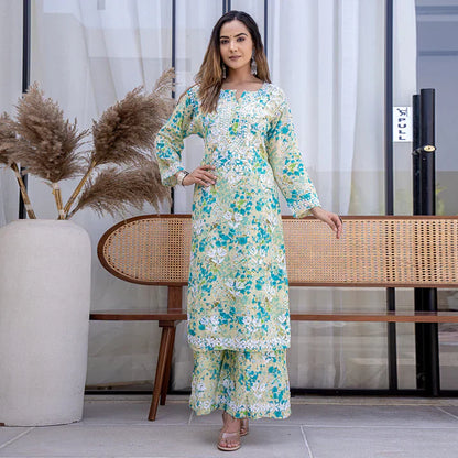 Women's Lucknowi Chikankari Handwork Mulmul Print Kurti & Palazzo Set