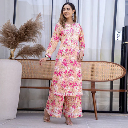 Women's Lucknowi Chikankari Handwork Mulmul Print Kurti & Palazzo Set