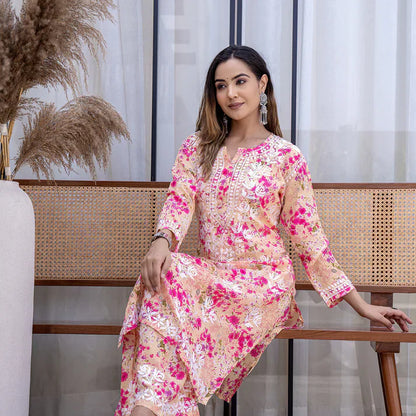 Women's Lucknowi Chikankari Handwork Mulmul Print Kurti & Palazzo Set