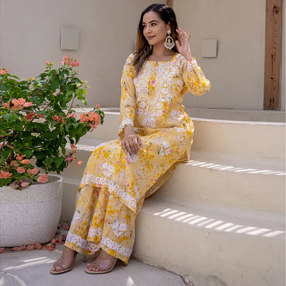 Women's Lucknowi Chikankari Handwork Mulmul Print Kurti & Palazzo Set