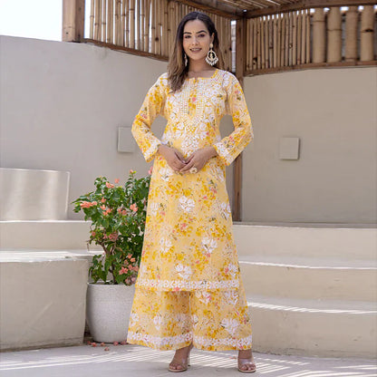 Women's Lucknowi Chikankari Handwork Mulmul Print Kurti & Palazzo Set