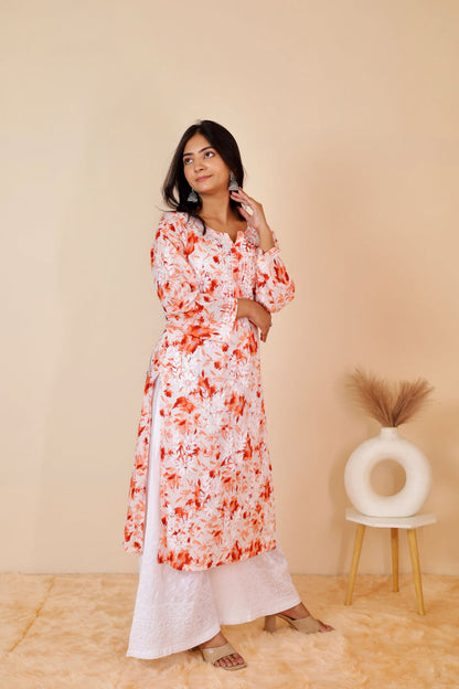 Women's Super Comfy Pure Mulmul Floral Print Lucknowi Chikankari Straight Long Kurti