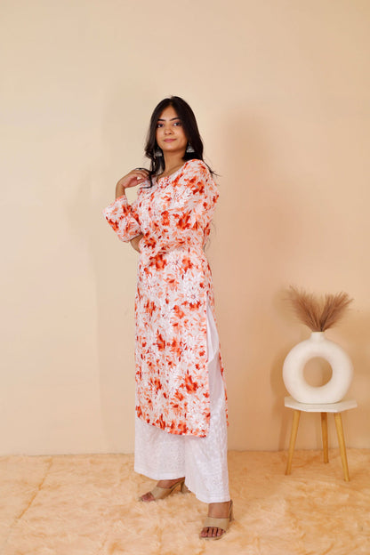 Women's Super Comfy Pure Mulmul Floral Print Lucknowi Chikankari Straight Long Kurti
