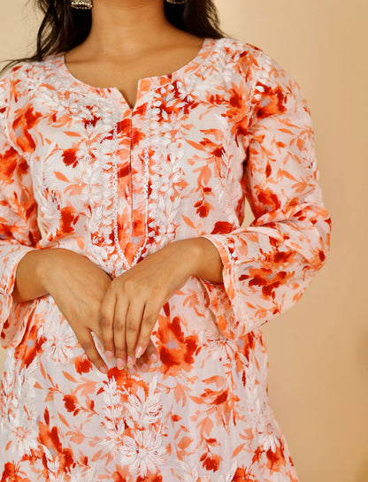 Women's Super Comfy Pure Mulmul Floral Print Lucknowi Chikankari Straight Long Kurti