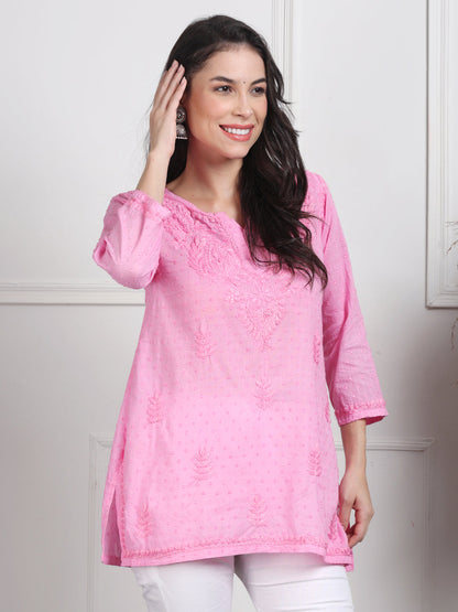 Elegant Women's Dyed Lucknowi Chikankari Short Top – Pure Cotton, Handcrafted Beauty in Stunning Shades