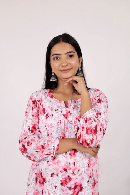 Women's Super Comfy Pure Mulmul Floral Print Lucknowi Chikankari Straight Long Kurti