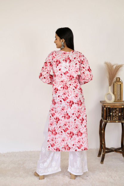 Women's Super Comfy Pure Mulmul Floral Print Lucknowi Chikankari Straight Long Kurti