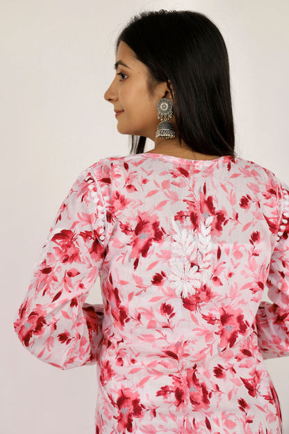 Women's Super Comfy Pure Mulmul Floral Print Lucknowi Chikankari Straight Long Kurti