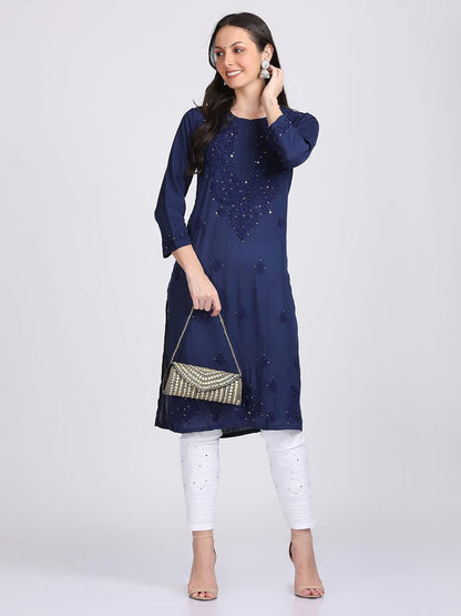 Super Comfy Rayon Chikankari Kurti with Muquesh Embellishments