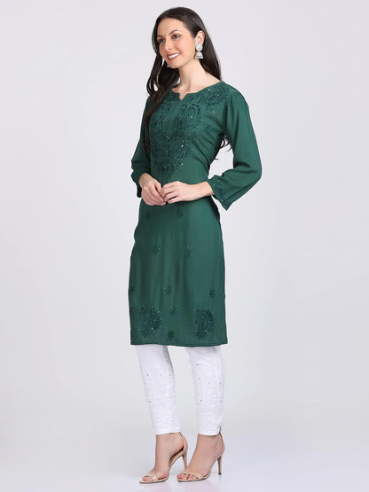 Super Comfy Rayon Chikankari Kurti with Muquesh Embellishments