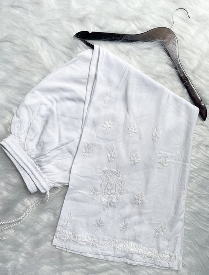 Ombre Dyed Shaded Rayon Lucknowi Chikankari Kurti, Palazzo and Dupatta Set.