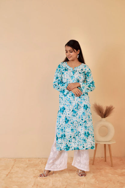 Women's Super Comfy Pure Mulmul Floral Print Lucknowi Chikankari Straight Long Kurti