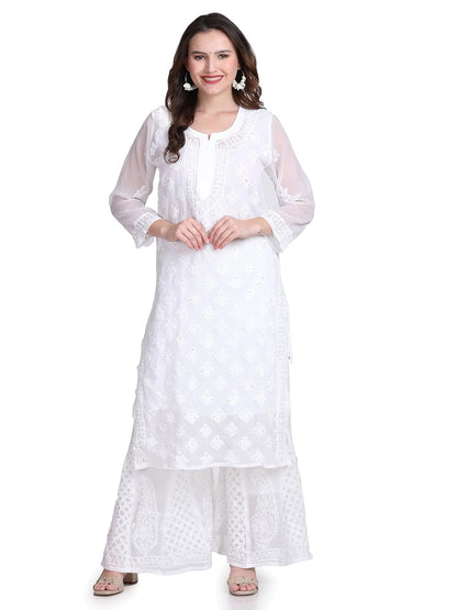 Chiffon Georgette Muquesh Embellishments Straight Kurta, Sharara & Dupatta Set With Matching Cotton inner