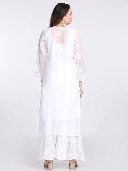 Chiffon Georgette Muquesh Embellishments Straight Kurta, Sharara & Dupatta Set With Matching Cotton inner