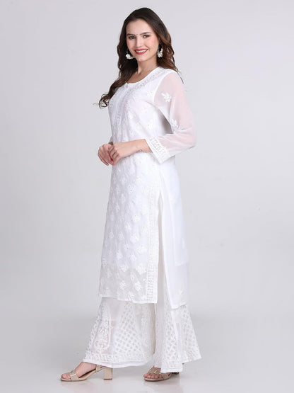 Chiffon Georgette Muquesh Embellishments Straight Kurta, Sharara & Dupatta Set With Matching Cotton inner