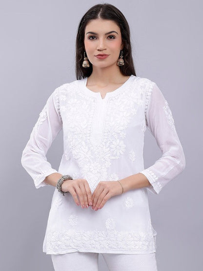 Women's Premium White Modal Chikankari Short Kurti