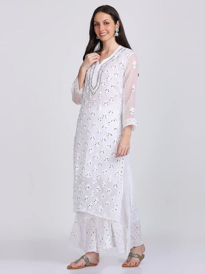 Chiffon Georgette Dyed Real Pasted Mirror Work Kurti, Sharara & Dupatta Set With Free Matching Cotton Inner