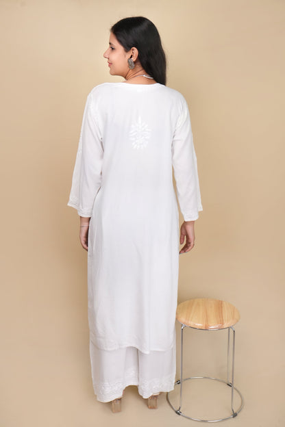 Women's Exclusive Dyed Straight Rayon Lucknowi Chikankari Kurti & Palazzo Set.