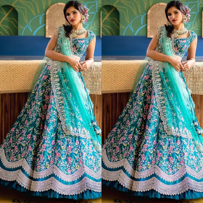 * Aqua blue colour Embroidered Attractive Party Wear Silk Lehenga choli *