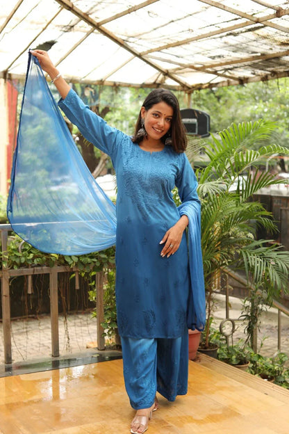Ombre Dyed Shaded Rayon Lucknowi Chikankari Kurti, Palazzo and Dupatta Set.