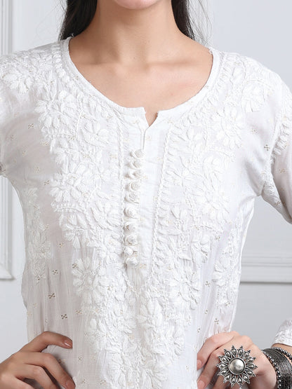 Women's Premium White Chanderi Silk Chikankari Kurti and Palazzo Set