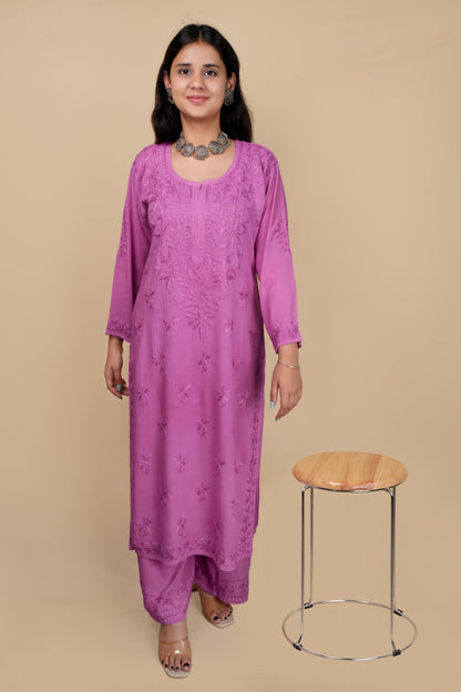 Women's Exclusive Dyed Straight Rayon Lucknowi Chikankari Kurti & Palazzo Set.