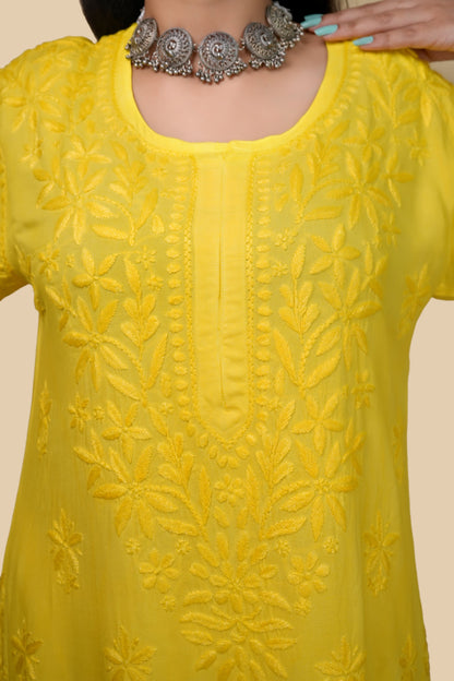 Women's Exclusive Dyed Straight Rayon Lucknowi Chikankari Kurti & Palazzo Set.